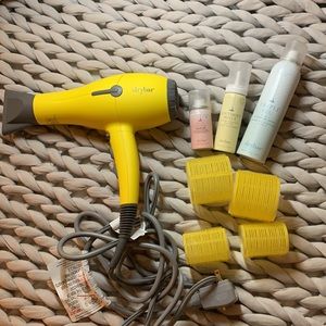 Drybar buttercup blow dryer with product and accessories